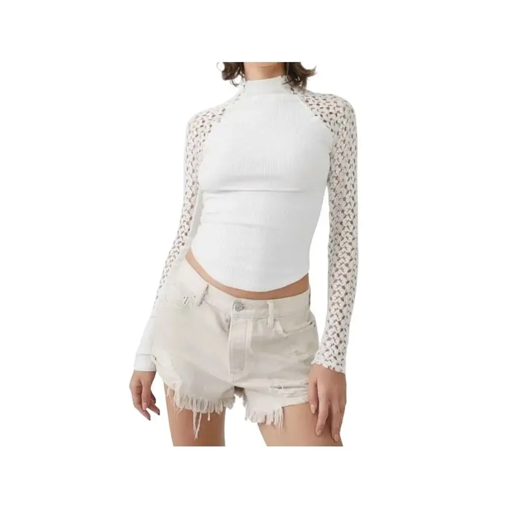 Free People Clemente Mixed Media Womens Lacy Sleeve Stretch Top Size Medium